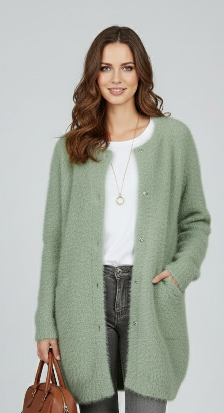 Women's Long Cardigan Sweater - Stylish Knit with Pockets, Soft Acrylic, Round Neck, Available in White and Other Colors, Sizes XS-XXL 0