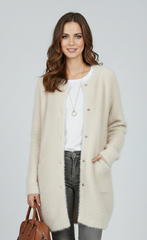 Women's Long Cardigan Sweater - Stylish Knit with Pockets, Soft Acrylic, Round Neck, Available in White and Other Colors, Sizes XS-XXL 0